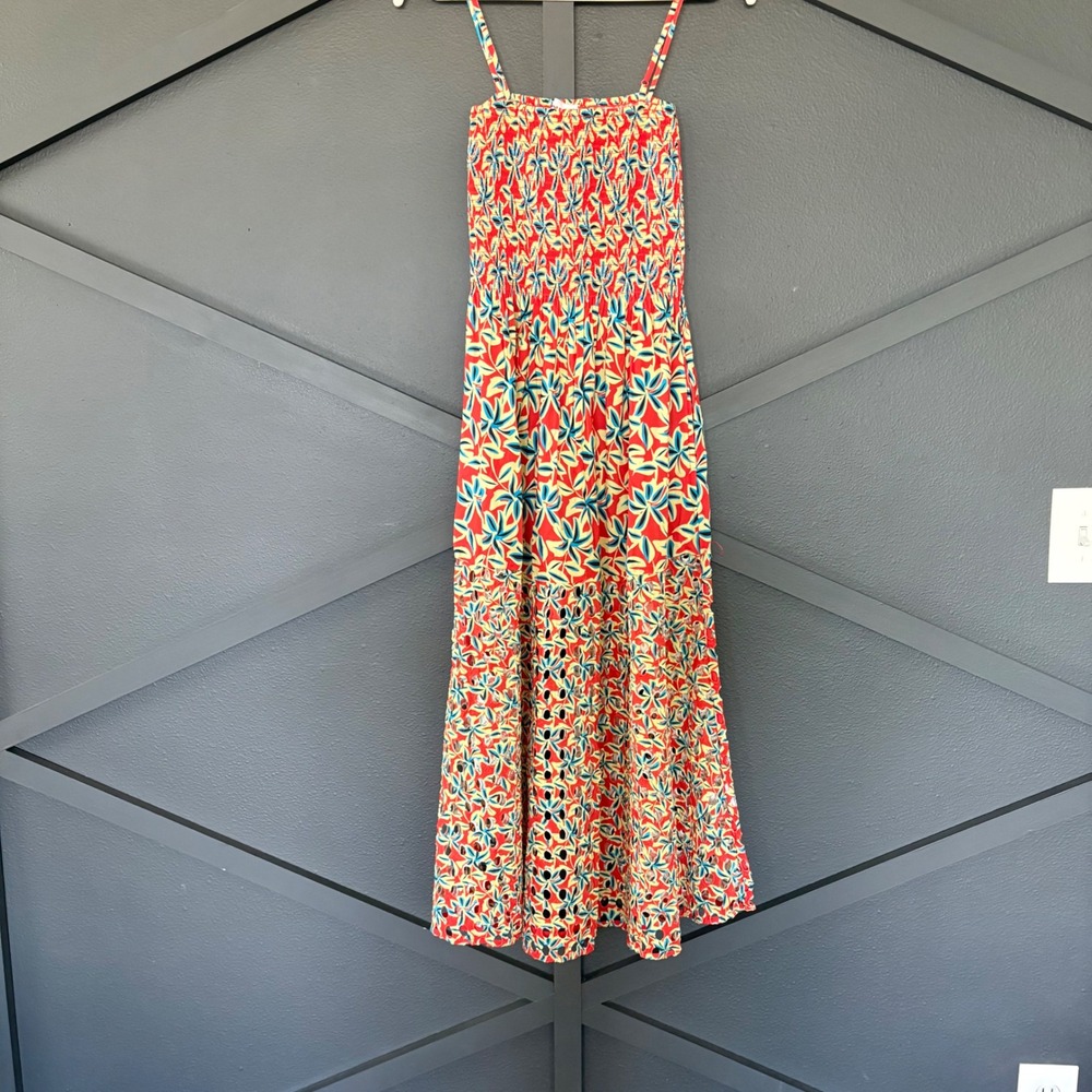$268 NWOT Solid & Striped Red Kennedy Floral Smocked Eyelet Cotton Midi Dress S - Picture 3 of 11